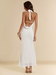 SHEIN BAE 女式低胸露背鱼尾下摆修身长款雪纺连衣裙，夏季 - 白色 - 查看 1
