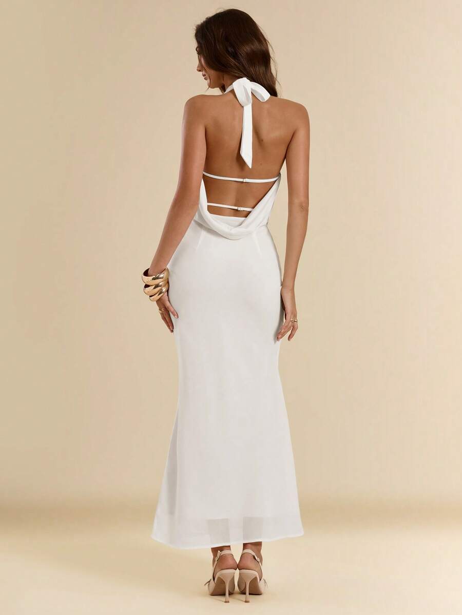 SHEIN BAE 女式低胸露背鱼尾下摆修身长款雪纺连衣裙，夏季 - 白色 - 查看 1