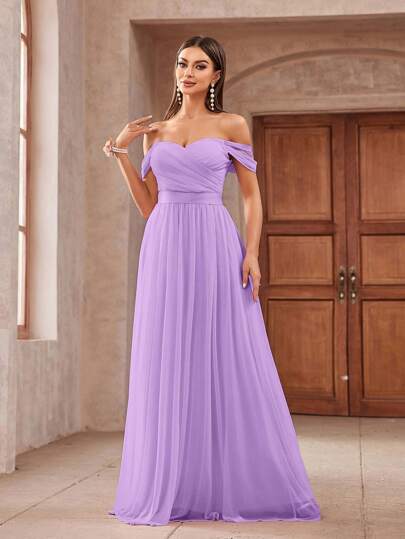 Aureia Romantic Elegant Metallic Tulle Off Shoulder Ruffle Ribbon Waist Decor Voluminous Floaty Tulle Bridesmaid Dress