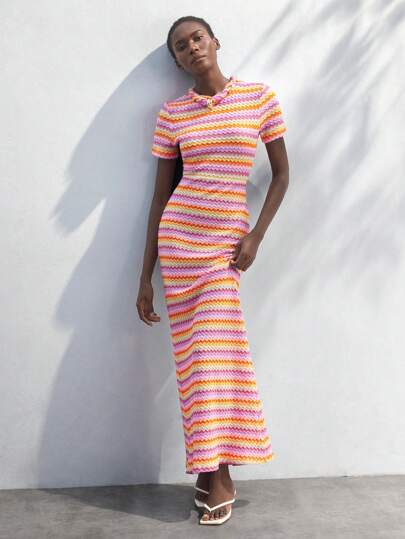 Maija Women's Multicolor Wavy Striped Dress, Fashionable Casual Vacation Romantic Knit Geometric Wave Jacquard Short Sleeve Beach Bohemian Style Vacation Outfit, Suitable For Summer  St Patrick's Day Women Easter Summer Outfits Easter Dress Women Party Top Beach Dress Summer Holiday Outfits Each Vacation Outfits For Women  Summer Outfit For Women Going Out Outfits Graduation Graduation Outfit  Casual Dresses  Casual Blouses For Women