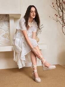 Styleloop Giày sandal đế xuồng dệt dây dành cho nữ, phong cách Boho, trang phục dự tiệc âm nhạc miền Tây nước Mỹ cổ điển - Màu be - Xem 2