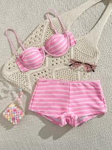 Swim Mod 2pcs/Set Ladies Textured Striped Fabric Spaghetti Strap Soft Cup Wire-Free Bikini Set For Summer Beach Vacation - Pink - View 1