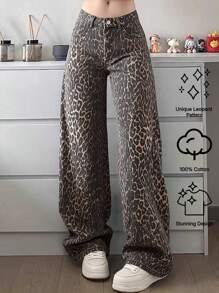 13 岁及以上青少年中性豹纹修身直筒牛仔裤，百搭经典 5 口袋款式，松紧腰带，拉链和纽扣闭合，适合音乐节、街头服饰、休闲、复古、街头风格，全年穿着