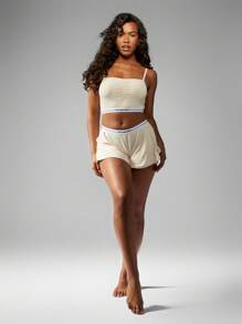 MISSGUIDED Luxury Brushed Jersey Lounge Set With Branded Elastic Band Elastic Crop Top And Loose Shorts Soft Fabric Cozy Sleepwear Casual Wear Yoga Gym Leisure - Khaki - View 3