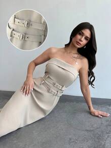 Firerie Nuevo estilo de vestido casual y elegante de verano con apariencia de lino, con doble cinturón, hombros descubiertos y abertura - Caqui - Ver 2
