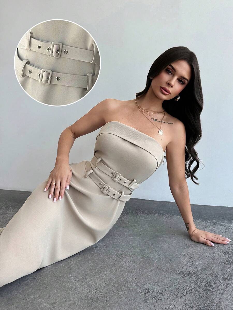 Firerie Nuevo estilo de vestido casual y elegante de verano con apariencia de lino, con doble cinturón, hombros descubiertos y abertura