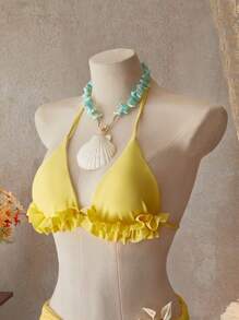 Bellisia Women's Summer Vacation Beach Solid Color Ruffled Halter Bikini Top