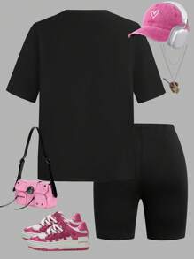 SHEIN 少女“寻找内心平静”蝴蝶结印花圆领宽松T恤和弹力短裤两件套，休闲夏季套装 - 黑色 - 查看 3