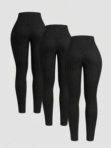 INAWLY 3件套女士纯色罗纹打底裤 - 彩色 - 查看 2