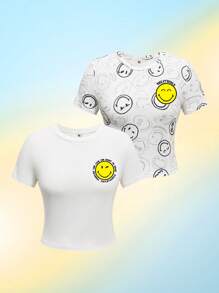 SmileyWorld® | SHEIN Áo thun cổ tròn tay ngắn họa tiết mặt cười dành cho nữ, mùa hè - trắng - Xem 9