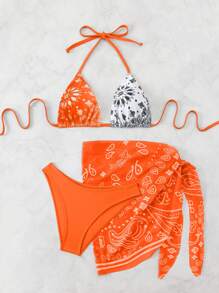 SHEIN Swim Women's Summer Flower Print Halter Tie Sexy Bikini Set Swimsuit With Cover-Up Skirt - Orange - View 6