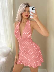 Sweetina 深V领黑白波点休闲度假复古迷你连衣裙 - 藕粉色 - 查看 1