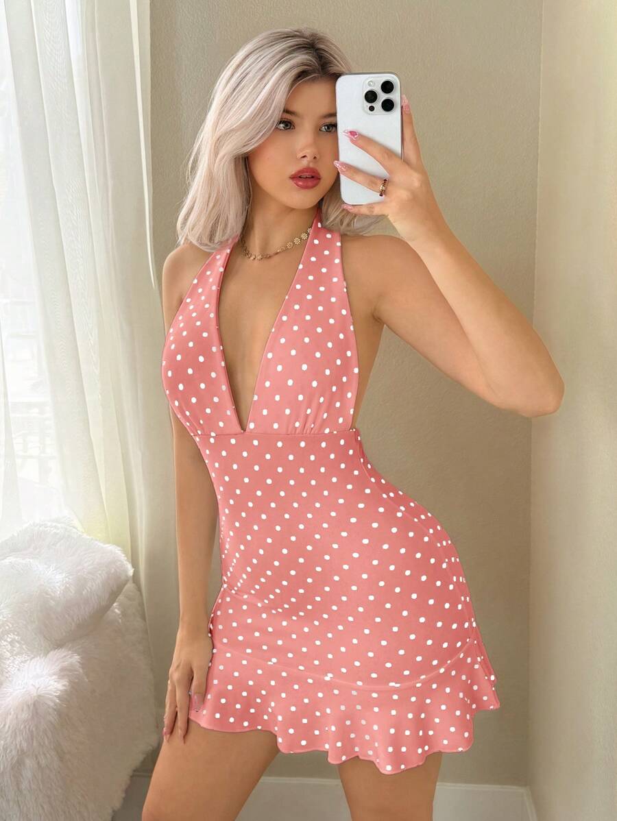 Sweetina 深V领黑白波点休闲度假复古迷你连衣裙 - 藕粉色 - 查看 1