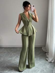 Elenzga Sleeveless Blazer Suit Set, Elegant Romantic Women's Slim Waist Business Suit