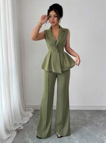 Elenzga Sleeveless Blazer Suit Set, Elegant Romantic Women's Slim Waist Business Suit