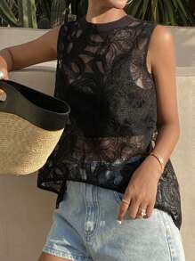 DAZY 女士无袖蕾丝提花欧根纱上衣，适合海滩度假 - 黑色 - 查看 4