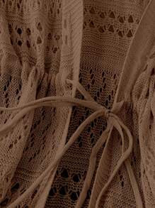 DreamSkyne 大码女式纯色海滩度假浪漫钩针编织网眼抽绳蝴蝶结开衫西部风 - 咖啡棕 - 查看 4