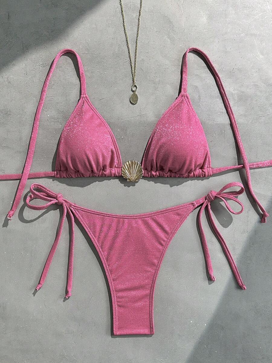 Swim Vcay Women's Shiny Fabric Halter Neck Shell Decor Sexy Pink Bikini Set For Summer Beach Vacation - Hot Pink - View 1