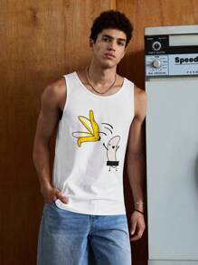 SWAVVY Men Cotton Sleeveless White Going Out Funny Cartoon Graphic Tank Top, Boyfriend Gift