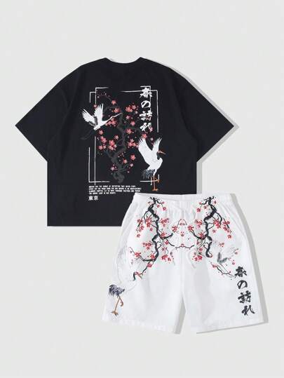 Street Life Men's Anime Slogan Pigeon Print Round Neck Short Sleeve T-Shirt And Drawstring Waist Shorts 2 Piece Set