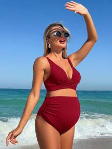 SHEIN Conjunto de bikini de maternidad con diseño de cruce, para playa y vacaciones de verano - Burdeos - Ver 5