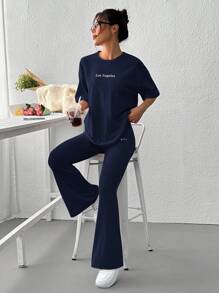 SHEIN EZwear 女士休闲字母刺绣落肩宽松 T 恤和喇叭裤 2 件套 - 藏蓝色 - 查看 6