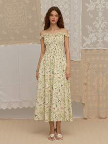SHEIN MOD Plant Print Pattern Off Shoulder Ruffle Hem Long Dress