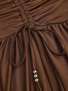 Sweetra 大码露背收腰不对称下摆度假休闲迷你连衣裙 - 棕色 - 查看 3