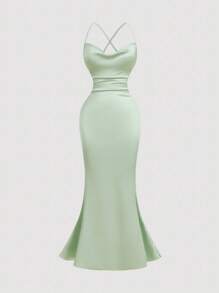 SHEIN MOD Sage Green Summer Elegant Wedding Guest Vintage Ruffle Off-Shoulder Dress,Luminous Satin Open Back Mermaid Silhouette Birthday Party Outfits For Woman - Green - View 2