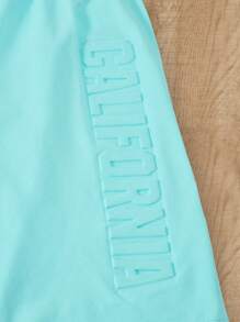 2pcs/Set Teen Boys Spring/Summer Turquoise Casual/Holiday Sporty Outfit, 3D Letter Print Short Sleeve T-Shirt And Shorts Set, Minimalist Sports Suit