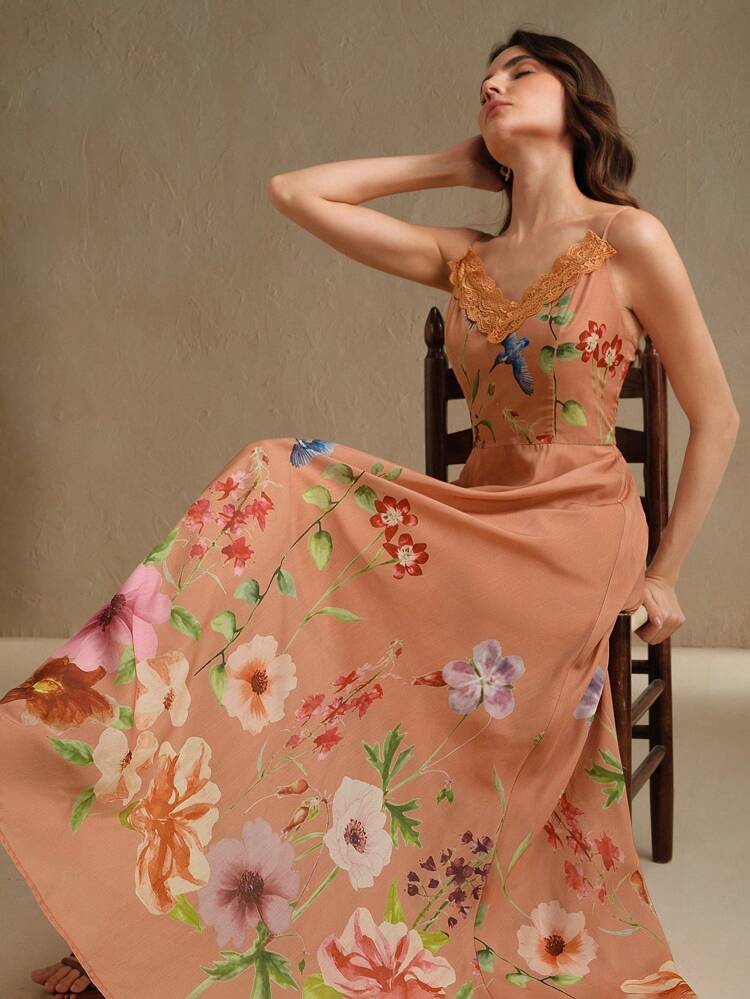 New V-Neck Floral Print Flowy A-Line Slip Dress, Elegant Ladies Dress For Spring & Summer