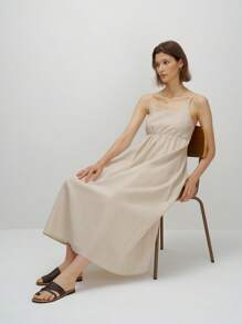 INAWLY Women's Solid Color Minimalist Linen-Look Long Dress, Brown - Brown - View 1
