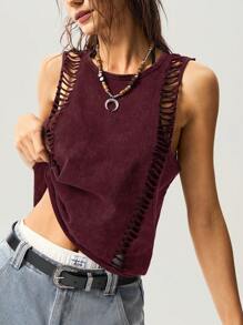 Bohemela Plain Knit Cropped Women Camisole - Red - View 4