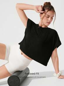 GLOWMODE Modal Oversized Short Sleeve Tee With Keyhole Back Low Impact Yoga Pilates Daily Casual - Black - View 2