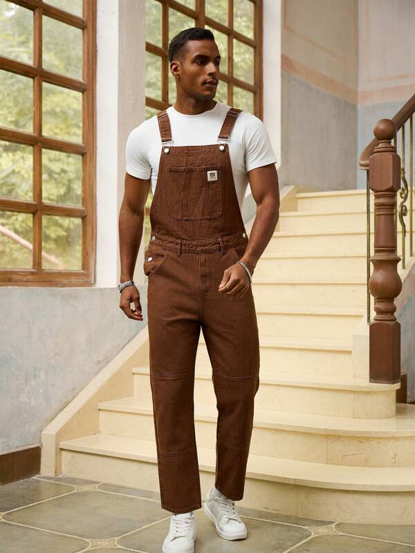 RivetRise Men's Letter Pocket Decoration Casual Denim Bib Overall Pants Men Overalls