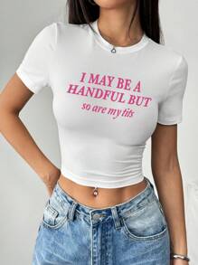 INAWLY Women's Summer Casual Slogan Print Round Neck Short Cropped T-Shirt - White - View 4