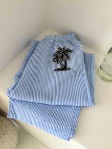 SHEIN 青少年男孩夏季轻便度假蓝色泡泡条纹宽松裤 - 藍色 - 查看 1