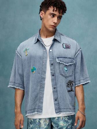 Street Life Men's Boxy Fit Printed Denim Top, Denim Short Sleeve Shirt