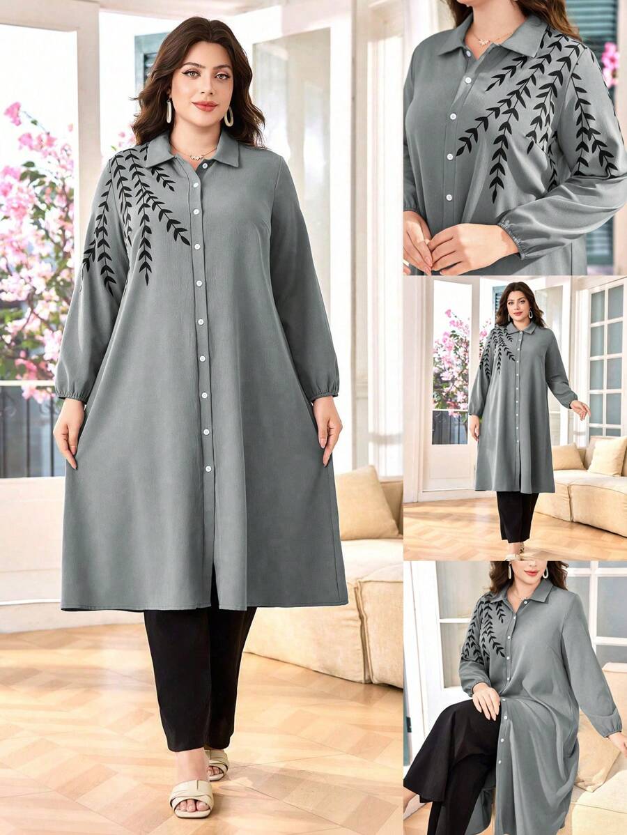 Lacomfia Bộ 2 món áo sơ mi dài tối giản thường ngày cỡ lớn cho nữ và quần dài màu tương phản - Xám - Xem 1