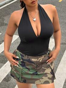 SHEIN EZwear Maieu de damă de mărime mare, sexy, negru, cu șireturi, cu gât, vară