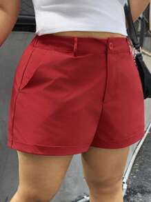 SHEIN EZwear 大码纯色前扣口袋简约短裤，休闲日常穿着 - 紅色 - 查看 3
