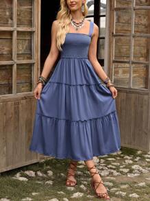 LanaWest Shirred Bodice Ruffle Hem Cami Dress Maxi Women Outfit