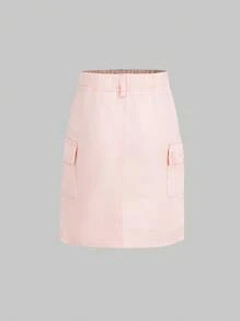 SHEIN Baby Girls Faded Wash Relaxed-Fit Denim Skirt, With Pockets, Simple & Fashionable Design For Daily Wear - Pink - View 5
