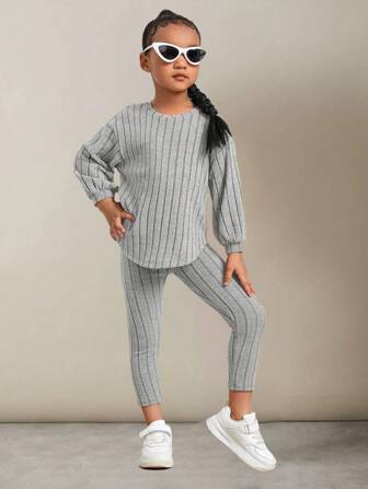 Young Girl Rib-Knit Drop Shoulder Curved Hem Tee & Leggings