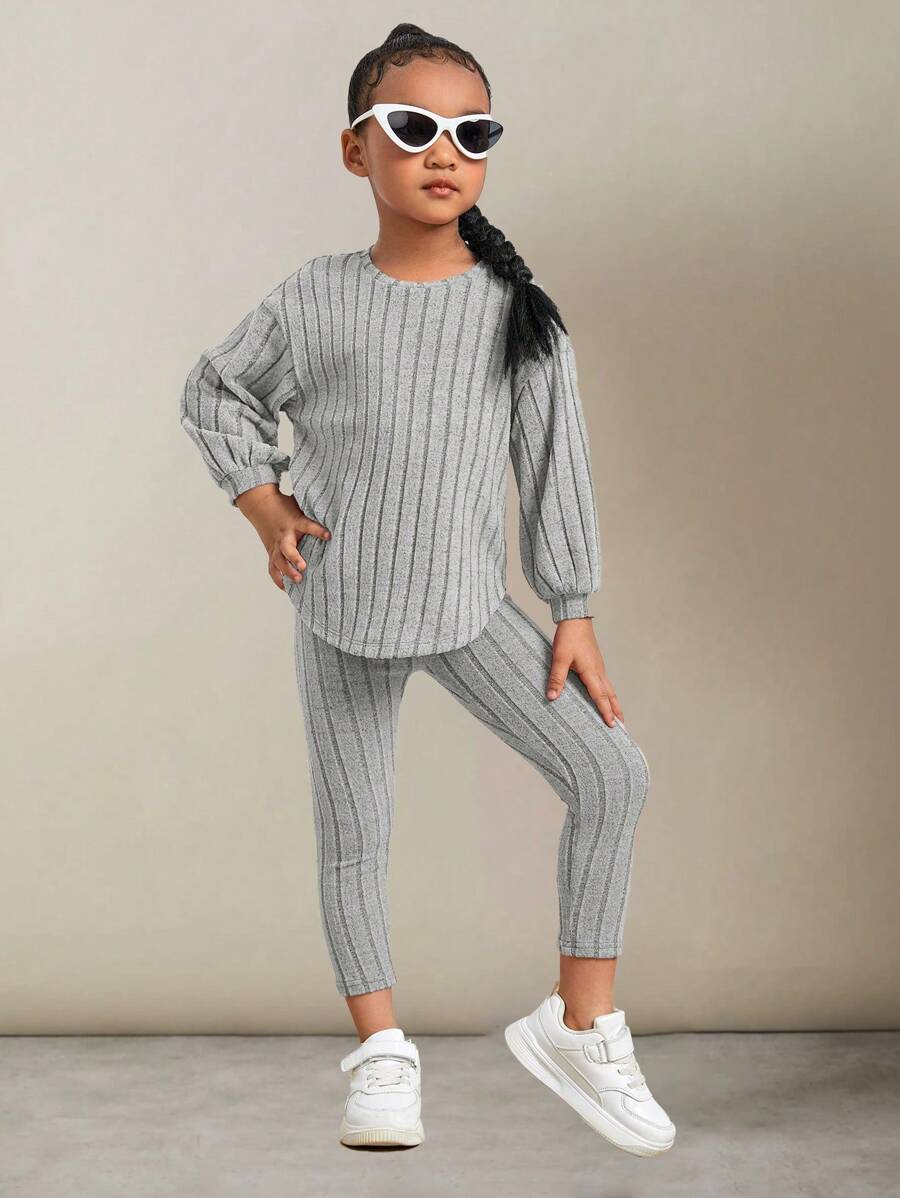 Young Girl Rib-Knit Drop Shoulder Curved Hem Tee & Leggings - Light Grey - View 1