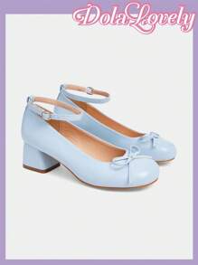 Dola Lovely 圆头低跟蝴蝶结粗跟露跟女式时尚高跟鞋 - 淺藍色 - 查看 8