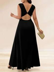 Cravure Plus Size Women's Solid Color Off Shoulder Bodycon Dress, Backless, Elegant For Spring/Summer Party, Suitable For Tall And Slim Appearance - Black - View 3