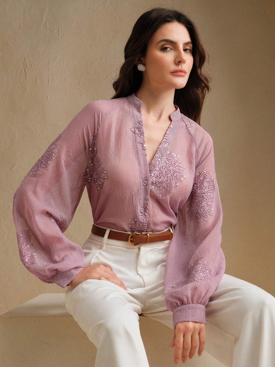 Anewsta Áo cánh dài tay thêu sequin cổ chữ V sâu cho nữ, áo công sở thanh lịch - Bụi tím - Xem 1