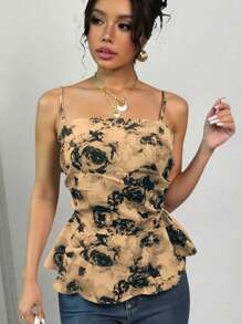 Breezaya Women's Elegant Printed Pleated Camisole Top, Summer - Black - View 1