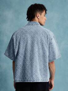 ROMWE MEN Casual 男士夏季格子短袖单排扣休闲牛仔衬衫 - 藍色 - 查看 3